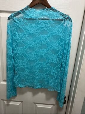 SHEIN Turquoise Sheer Lace Long Sleeve Top.  Dopamine Vibes!  NWOT.